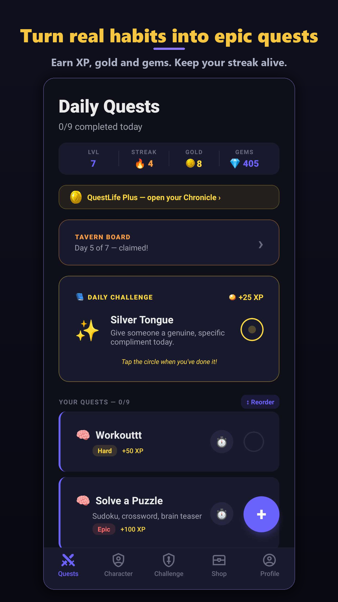 QuestLife daily quests screen