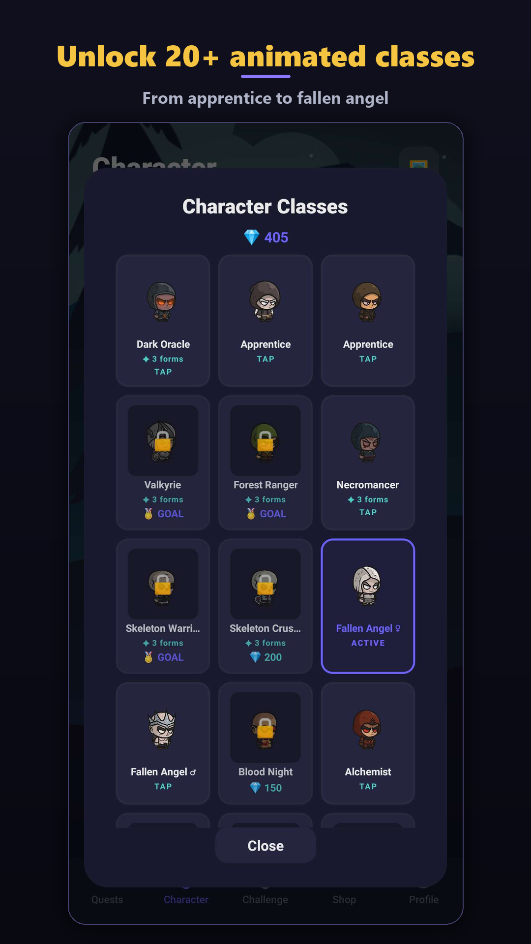 QuestLife character classes screen
